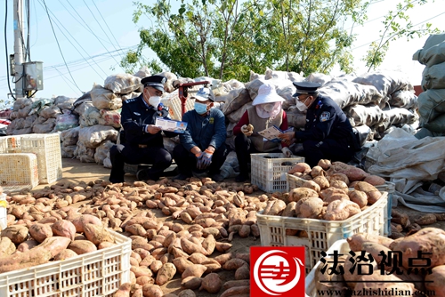 11月16日，枣庄市公安局山亭分局水泉派出所民辅警在巡逻和疫情防控途中，向购销地瓜的群众开展反诈宣传。.jpg