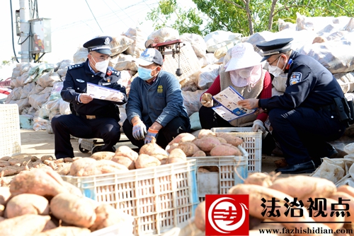 11月16日，枣庄市公安局山亭分局水泉派出所民辅警在巡逻和疫情防控途中，向购销地瓜的群众宣传反诈常识。.jpg