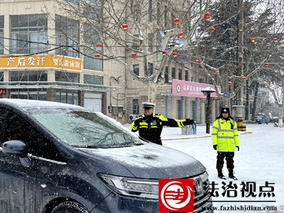 2月21日，枣庄市公安局山亭分局交警大队民辅警冒雪指挥车辆安全通行。.jpg